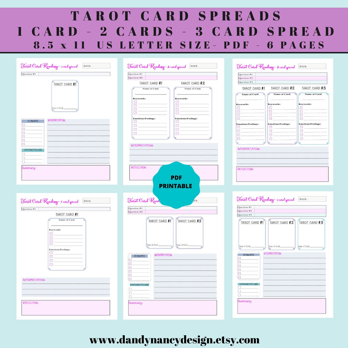 Tarot Card Spreads Journal Pages Digital Printable One Card | Etsy