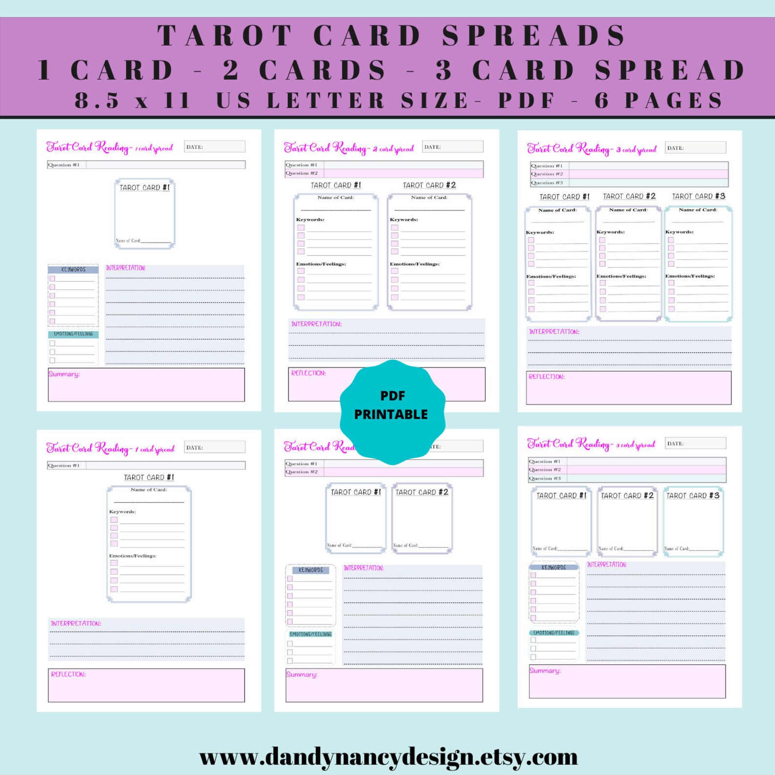Tarot Card Spreads Journal Pages, Digital Printable, One Card Spread ...