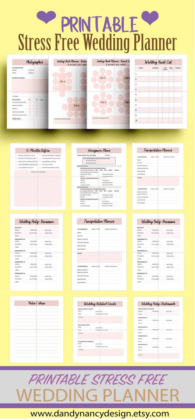K&ouml;nnte beinhalten: Druckbarer Hochzeitsplaner mit rosa Akzenten. Enth&auml;lt Abschnitte f&uuml;r Fotografen, Sitzpl&auml;ne, G&auml;stelisten, Flitterwochenpl&auml;ne und Details der Hochzeitsgesellschaft. Mit dem Text "Printable Stress Free Wedding Planner".