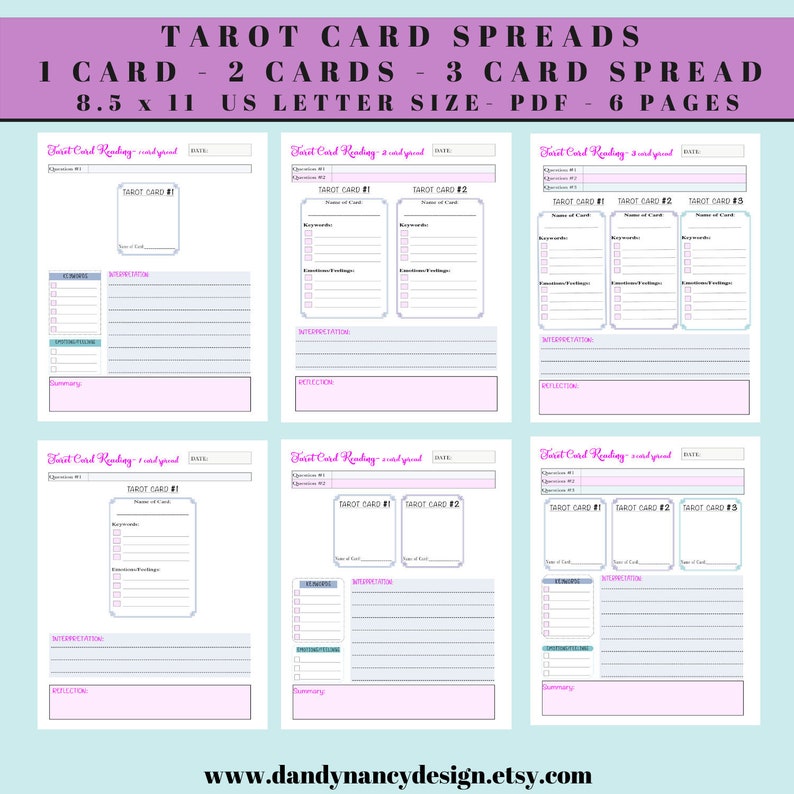 May include: Six printable pages of tarot card reading spreads for 1, 2, and 3 cards. Each page has a pink and white design with a section for the card name, keywords, emotions, and interpretations. The pages are 8.5 x 11 inches and are designed for US letter size paper.