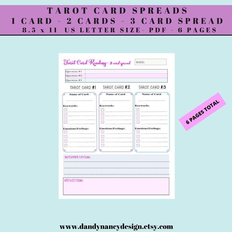 May include: Printable tarot card reading spread template with three sections for tarot card #1, tarot card #2, and tarot card #3. Each section includes space for the name of the card, keywords, emotions/feelings, interpretation, and reflection. The template is designed for a 3-card spread and includes a date field. The template is 8.5 x 11 inches and is available as a PDF download.