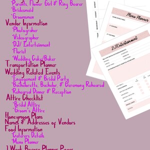 K&ouml;nnte beinhalten: Ein druckbarer Hochzeitsplaner mit rosa und lila Farbschema. Der Planer enth&auml;lt Abschnitte f&uuml;r Hochzeitsdetails, Budget, To-Do-Listen, Anbieterinformationen und G&auml;stelisten. Der Text "Includes all this Over 90+ Pages" ist sichtbar.