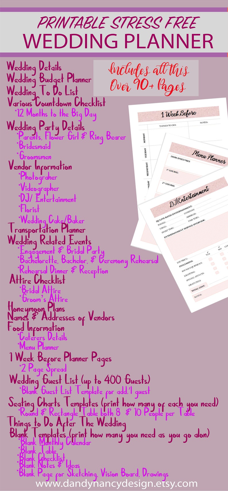 K&ouml;nnte beinhalten: Ein druckbarer Hochzeitsplaner mit rosa und lila Farbschema. Der Planer enth&auml;lt Abschnitte f&uuml;r Hochzeitsdetails, Budget, To-Do-Listen, Anbieterinformationen und G&auml;stelisten. Der Text "Includes all this Over 90+ Pages" ist sichtbar.