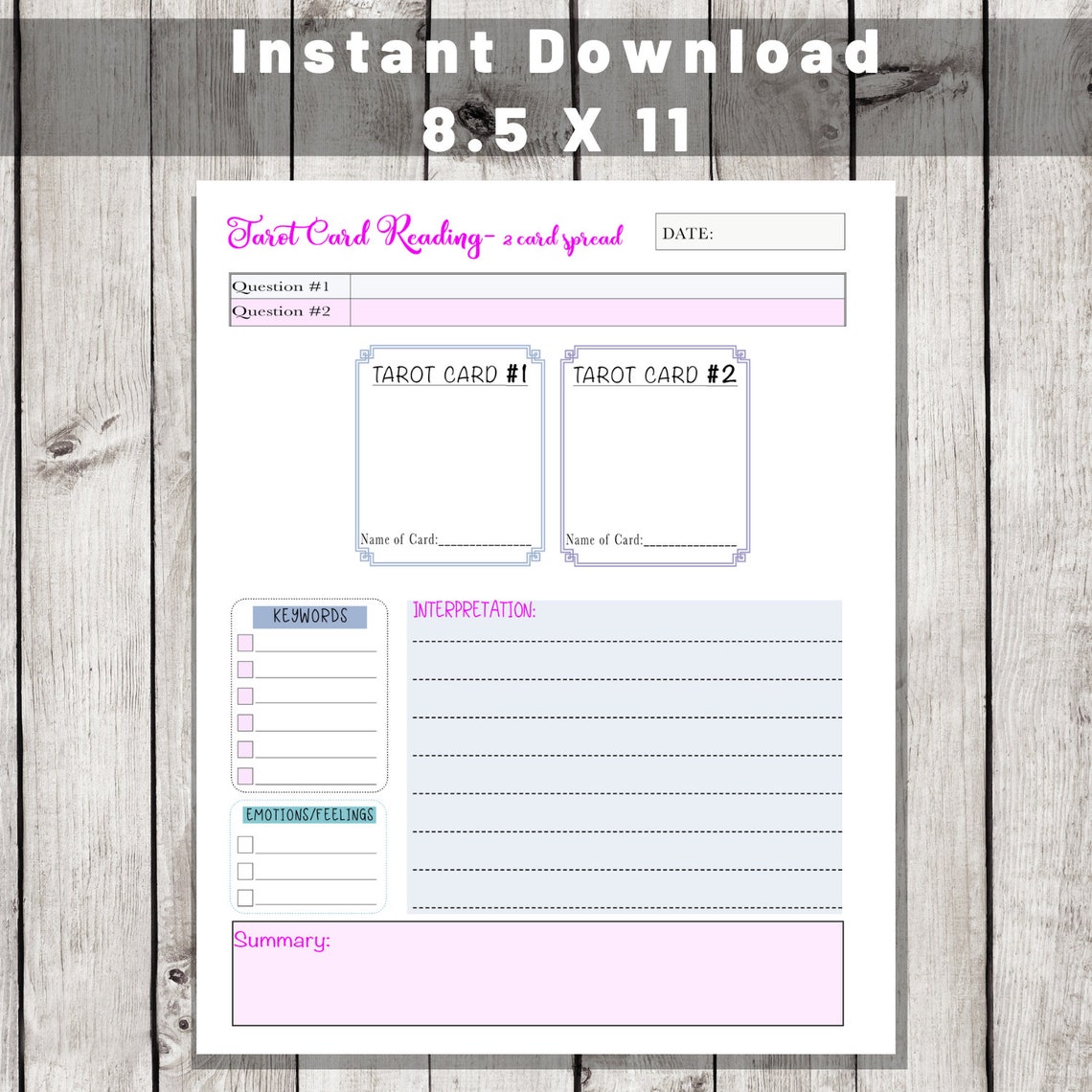 Tarot Card Spreads Journal Pages Digital Printable One Card | Etsy
