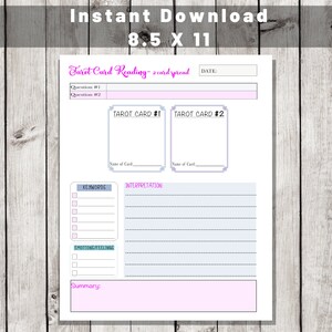 May include: Printable tarot card reading spread with two card slots, a section for keywords, emotions and feelings, and a summary section. The spread is designed for an 8.5 x 11 inch sheet of paper.