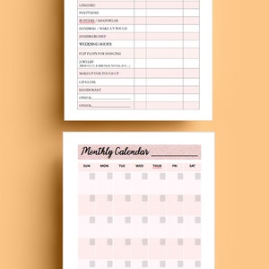 K&ouml;nnte beinhalten: Ein druckbarer Hochzeitsplaner mit einer Checkliste f&uuml;r Brautkleidung und einem Monatskalender. Der Planer enth&auml;lt Abschnitte f&uuml;r Artikel wie das Hochzeitskleid, den Schleier und die Schuhe. Der Text "CLICK HERE" ist ebenfalls sichtbar.