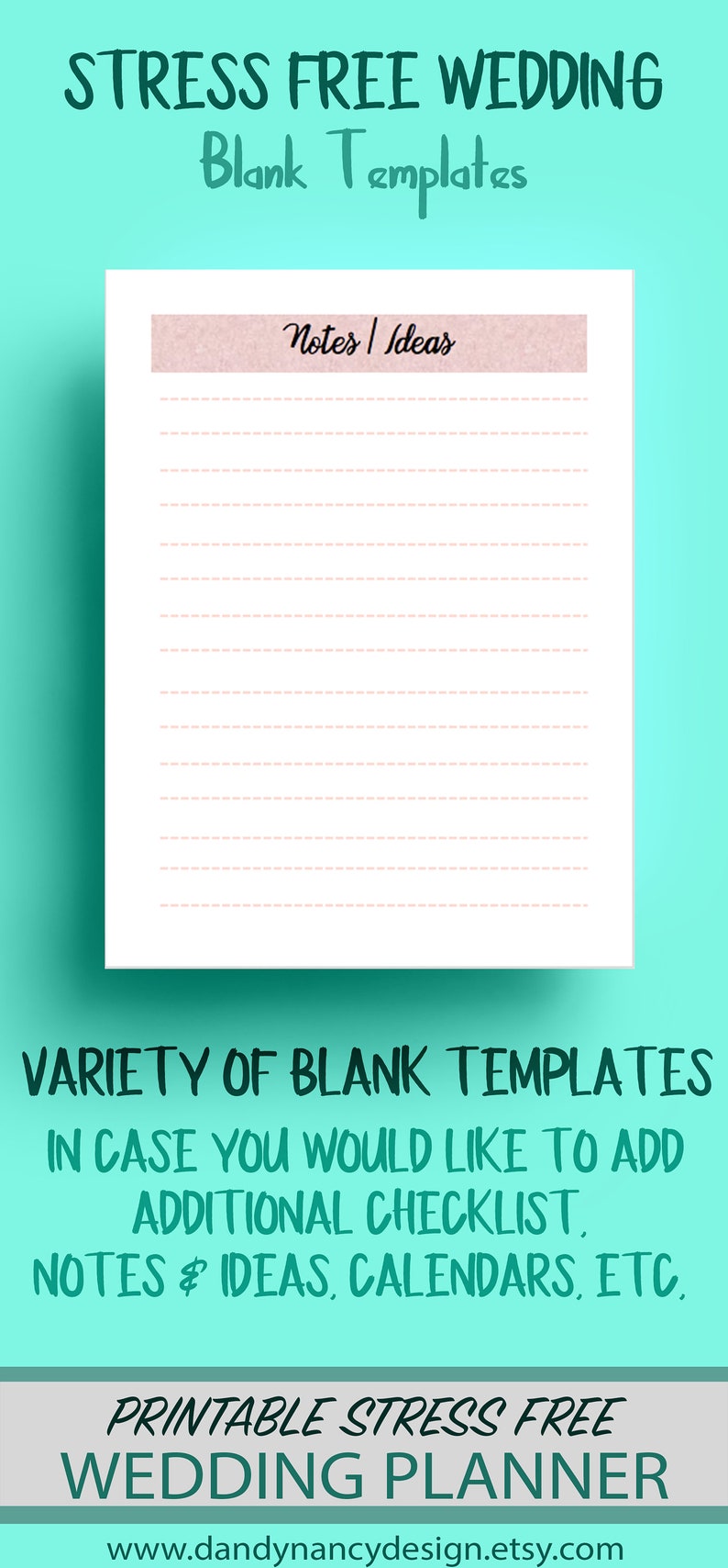 K&ouml;nnte beinhalten: Eine druckbare Hochzeitsplaner-Vorlage mit dem Text "STRESS FREE WEDDING Blank Templates". Die Vorlage enth&auml;lt einen Abschnitt f&uuml;r "Notizen / Ideen" und eine Vielzahl leerer Vorlagen f&uuml;r Checklisten, Notizen, Kalender usw.
