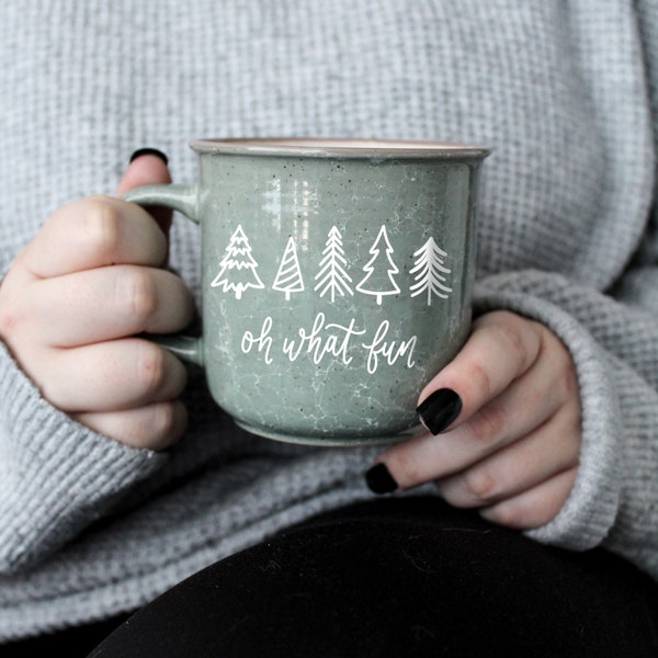 Oh What Fun | Ceramic Marble Campfire Mug | Hand Lettered | Winter Holiday Christmas Mug Mint Green