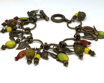 Autumn Bead Bracelet, Fall leaf Bracelet, Fall Jewelry, Lime Green Bracelet, Yellow Gold Beaded Bracelet, Brass Bracelet, Boho Bracelet