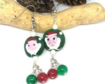 Santa face Earrings, Christmas Earrings, Xmas Jewelry, Christmas gift earrings, Green earrings, Red earrings, Matching Bracelet