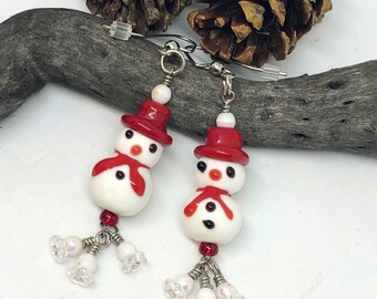 Snowman Earrings, Winter Earrings, Snowman jewelry, Winter Jewelry, Red scarf snowman, Winter gift earrings, Gift for winter, Christmas gift