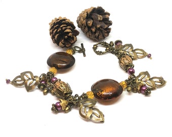 Fall leaf bracelet, Autumn Bracelet, Acorn Jewelry, Brass Bracelet, Leaves bracelet, Purple Bracelet, Gold bracelet