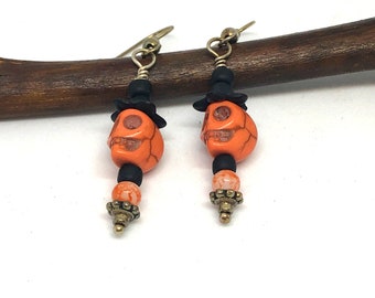 Halloween Dangle Earrings, Orange Halloween Jewelry, Black Halloween Earrings, Skull Earrings, Skeleton Earrings