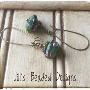 Bohemian Earrings Lampwork Earrings Boho Earrings Antique Brass Earrings Green Earrings Gift for Her