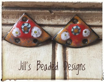 Enameled Copper Charms, Grey, Orange, Red Enamels, Triangle enamels, Earring supplies