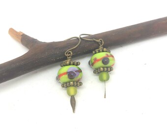 Lime green earrings, Green Earrings, lamp work earrings, brass earring, dangle drop