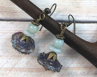 Pale Blue lampwork earrings Blue grey chips earrings Hippie jewelry Boho earrings Dangle earrings Crusty lampwork earrings For her