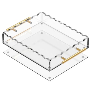 Acrylic Scalloped Tray with Bronze Handles and a Magnetic Mat - Customizable for Photos & Art, Includes Anti-Slip Pads, 10 x 12, Clear