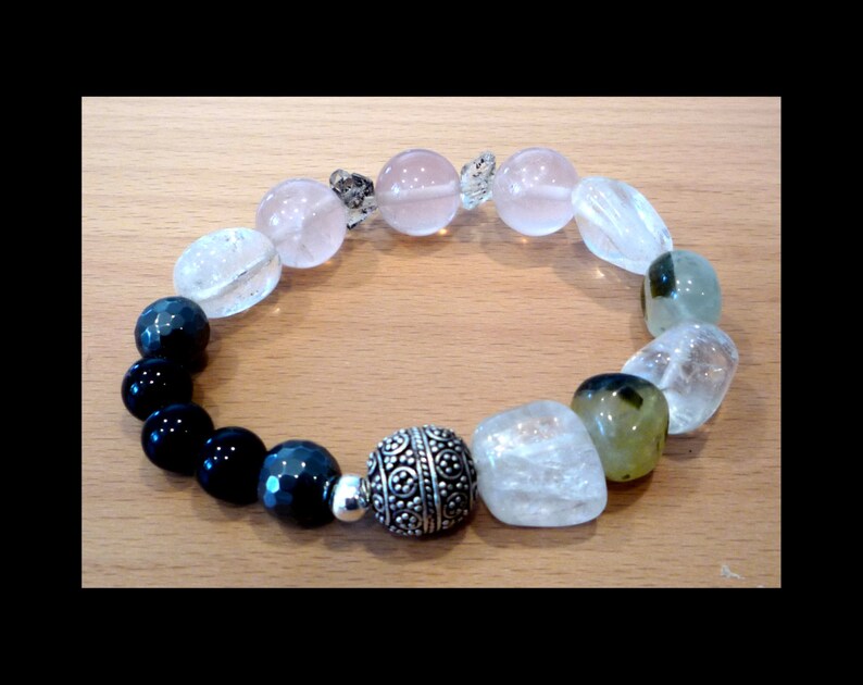 Hematite .925 Antique Sterling Silver Obsidian Herkimer Desert Diamonds Quartz Prehnite Epidote Quartz Power Bracelet Rose Quartz
