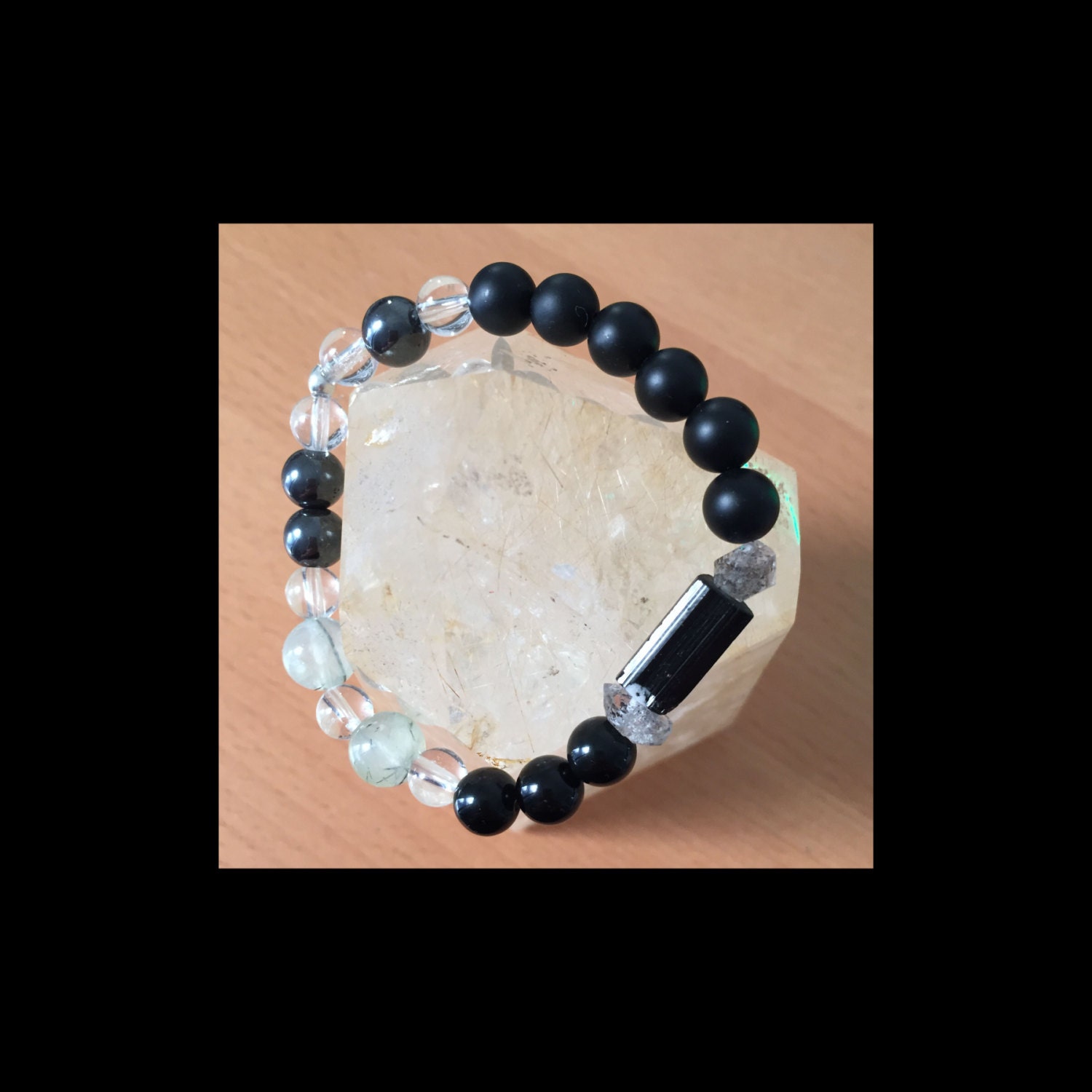 Black Tourmaline Bracelet, Obsidian, Herkimer desert Diamonds, Matte