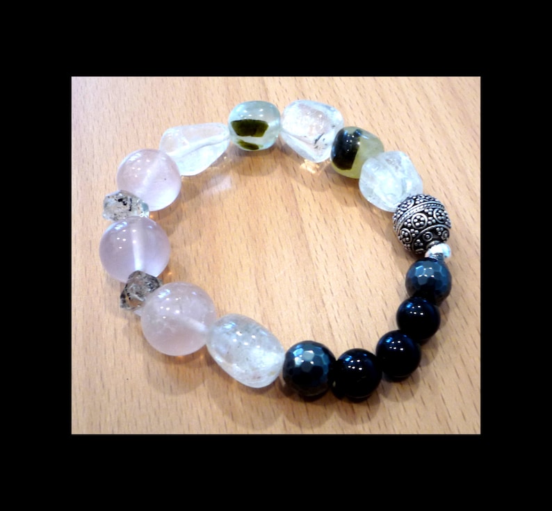 Hematite .925 Antique Sterling Silver Obsidian Herkimer Desert Diamonds Quartz Prehnite Epidote Quartz Power Bracelet Rose Quartz