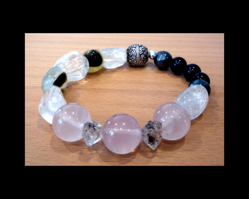 Hematite .925 Antique Sterling Silver Obsidian Herkimer Desert Diamonds Quartz Prehnite Epidote Quartz Power Bracelet Rose Quartz