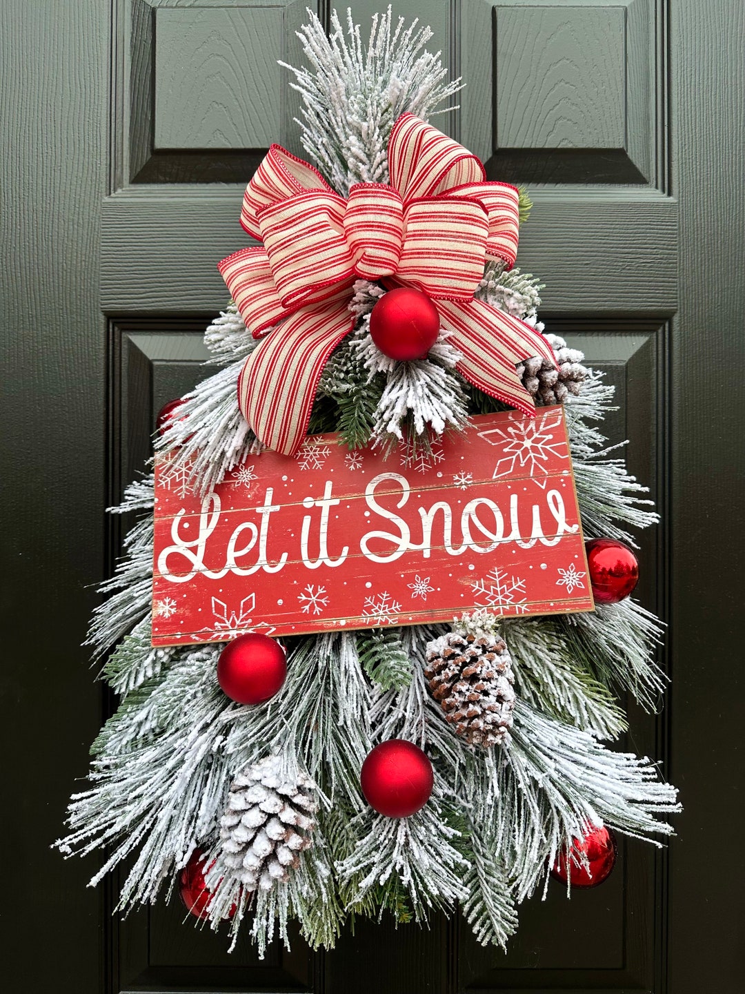 Christmas Tree Wreath for Door, Let It Snow Sign, Rustic Wall Decor