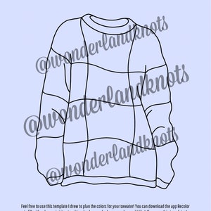 May include: A black and white line drawing of a sweater with a checkered pattern. The image includes the text "Color Planning Template" and "@wonderlandknots".