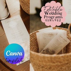 Puede incluir: Una cesta llena de programas de boda impresos en papel blanco con un fondo marrón claro. Los programas están doblados por la mitad y tienen el texto "Emma Andrew" y "May 7, 2022" impreso en la parte delantera. La cesta está hecha de paja trenzada y tiene un color marrón claro. El texto "Programas de boda editables 4 1/8 x 9 1/2" está impreso en rosa sobre un círculo blanco en la esquina superior derecha de la imagen.