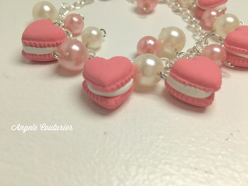Charm bracelet heart macaroons bracelet heart macron charm bracelet pink pearls white pearls pink charm bracelet food jewelry clay jewelry