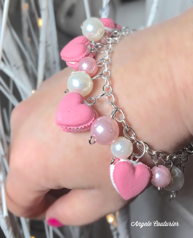 Charm bracelet heart macaroons bracelet heart macron charm bracelet pink pearls white pearls pink charm bracelet food jewelry clay jewelry