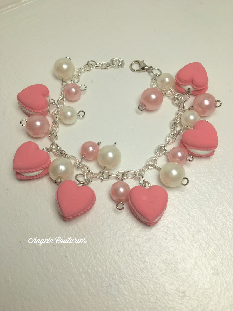 Charm bracelet heart macaroons bracelet heart macron charm bracelet pink pearls white pearls pink charm bracelet food jewelry clay jewelry
