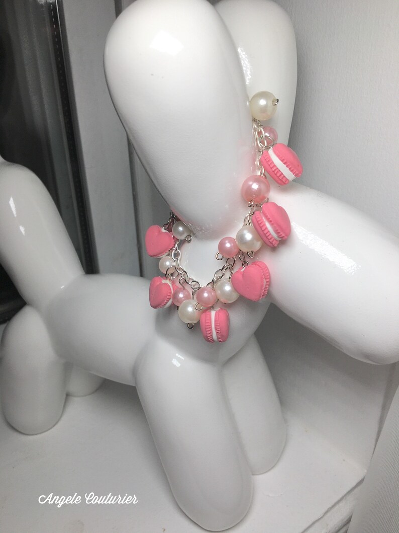 Charm bracelet heart macaroons bracelet heart macron charm bracelet pink pearls white pearls pink charm bracelet food jewelry clay jewelry