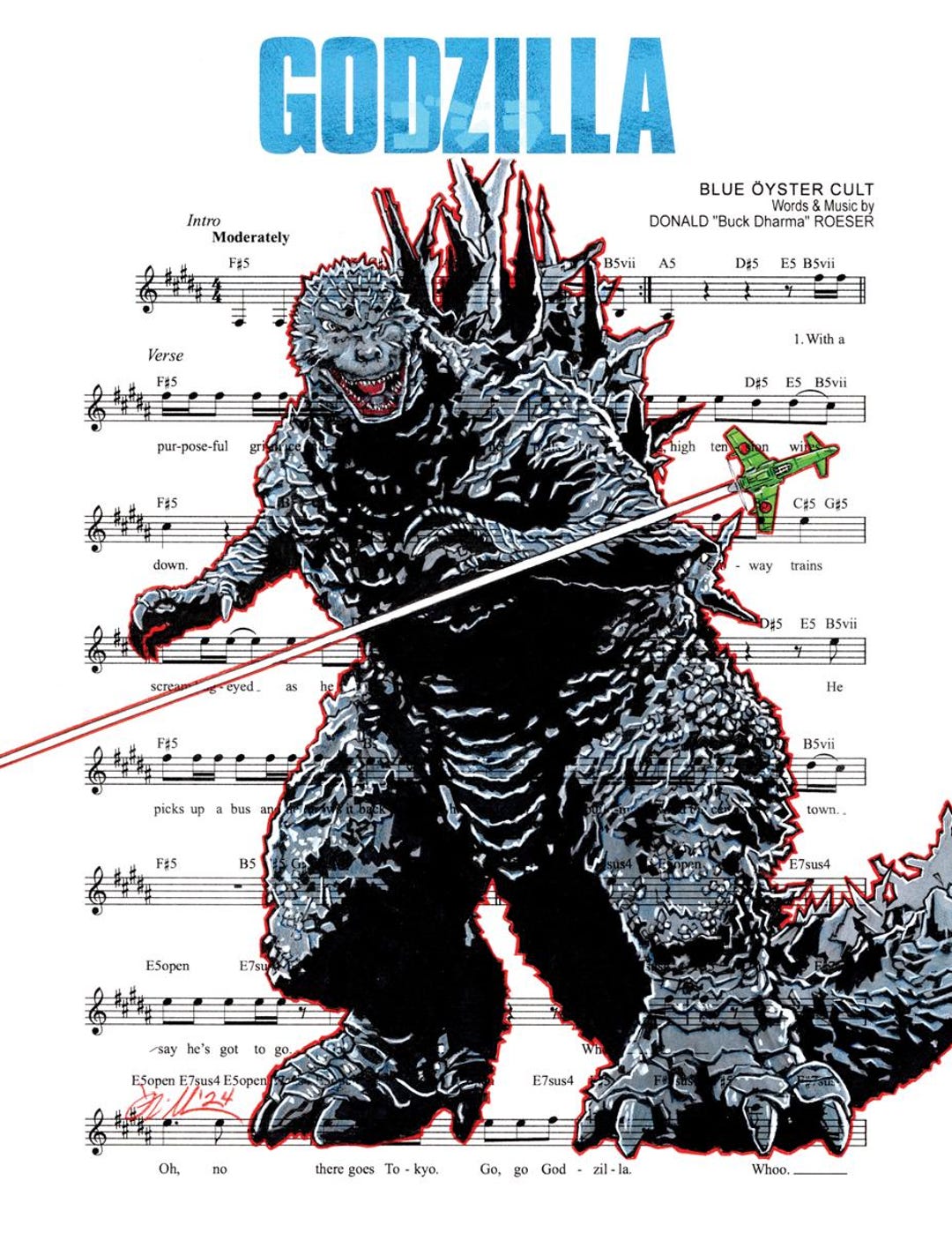 Go Go Godzilla Art Print - Blue Öyster Cult Sheet Music, Signed by