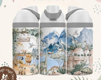 Personalized Dinosaur Water Bottle Flip Tumbler Safari Arctic Animals Dino Park Tumbler 16oz 24oz Custom Name Back To School Boy Tumbler