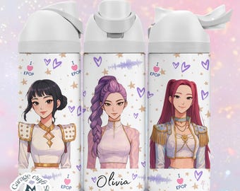May include: Three white water bottles with white flip-top lids, each featuring a different illustrated character in a stage outfit. The designs include purple hearts, gold stars, and the text I Love KPOP. One bottle features the name Olivia.