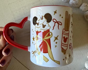 Christmas Mug Holiday Coffee Cup Pink Ceramic Mug Heart Handle Cute Festive Drinkware Handmade Christmas Gift