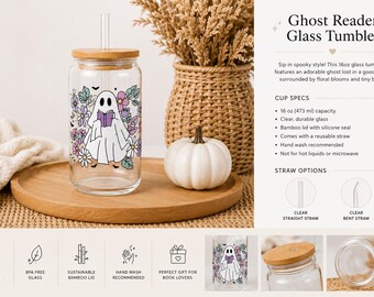 Taza de café helado de vidrio con temática de libros espeluznantes, diseño de estantería de Halloween, regalo para lectores, artículos para beber acogedores para clubes de lectura y amantes de los libros