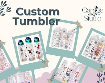 May include: A collection of custom tumblers featuring various graphic designs including Spider-Man, Star Wars characters, and Disney themes. The tumblers are displayed in a collage format with the text Custom Tumbler and Garage Craft Studio.