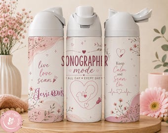 May include: Three white water bottles with flip-top lids featuring pink floral designs and text. The bottles display phrases including "live love scan," "SONOGRAPHER mode," and "Keep Calm and Scan On," along with a fetal ultrasound graphic.