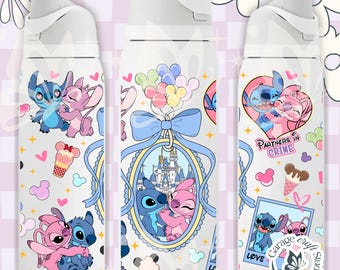May include: Three white water bottles featuring a repeating pattern of Stitch and Angel characters, colorful balloons, ice cream cones, and a central oval frame showing a castle. The text Partners in Crime is printed on the right bottle.