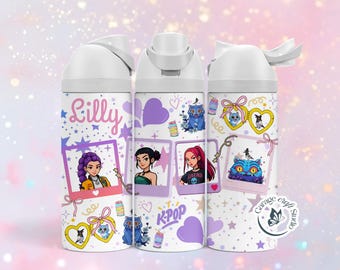 May include: A white water bottle with a flip-top lid featuring a colorful graphic print of cartoon characters, polaroid frames, hearts, stars, and the text Lilly and K-POP. The design includes various small illustrations of cats and ribbons.