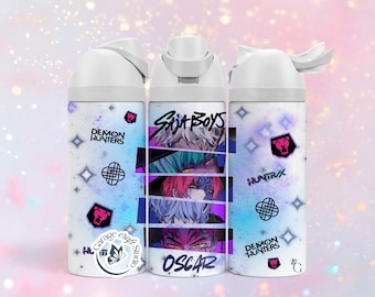 May include: A white cylindrical water bottle with a white flip-top lid, featuring a graphic print of anime-style characters in horizontal panels, the text "SAJA BOYS" and "OSCAR," plus "DEMON HUNTERS" logos, black geometric symbols, and star icons.