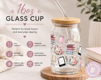 May include: A clear 16oz glass cup with a wooden lid and straw, decorated with book-themed illustrations. The cup features the text "16oz GLASS CUP" and is designed for cold drinks. It is BPA-free and hand wash is recommended.
