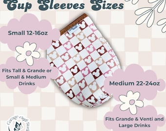 May include: A fabric cup sleeve with a brown top and a white, pink, and brown checkered pattern featuring Mickey Mouse silhouettes. The image includes text indicating sizes for small and medium drinks, ranging from 12 to 24 ounces.