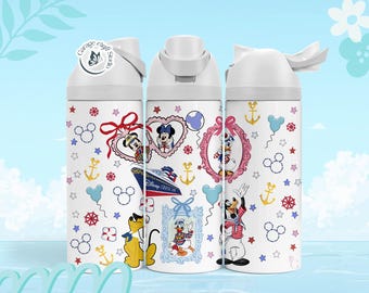 May include: A white water bottle with a flip-top lid featuring a Disney Cruise Line theme. The design includes illustrations of Mickey Mouse, Minnie Mouse, Donald Duck, and Goofy, alongside anchors, ship wheels, stars, and Mickey-shaped balloons.