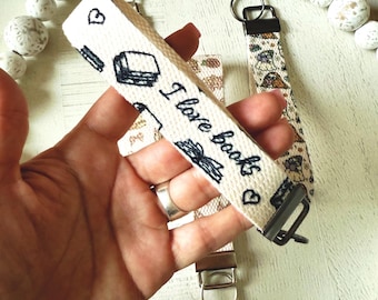 Book Lover Wristlet Keychain Canvas Key Fob Bookish Reader Gift Book Club Accessory I Love Books Wristlet Keychain for Readers everyday uses