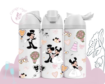 May include: Three white water bottles featuring a wedding-themed pattern with Mickey and Minnie Mouse in formal attire, bouquets of pink roses, tiered cakes, heart-shaped balloons, and bows. Each bottle has a white flip-top lid and a smooth finish.