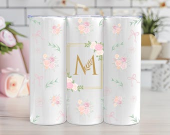 Personalized Floral Tumbler for Women Slim Stainless Steel Custom Monogram Cup Cute Everyday Gift for Coffee Lovers Tumbler 20oz Insulated
