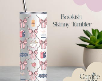 Bookish 20 Ounce Tumbler Personalized Book Lover Cup Books and Coffee Slim Stainless Steel Custom Name Cup Everyday Gift for Book Lover